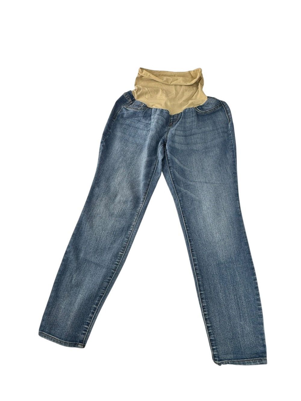 Indigo Blue Straight Leg Maternity Jeans in Blue with Beige Overband